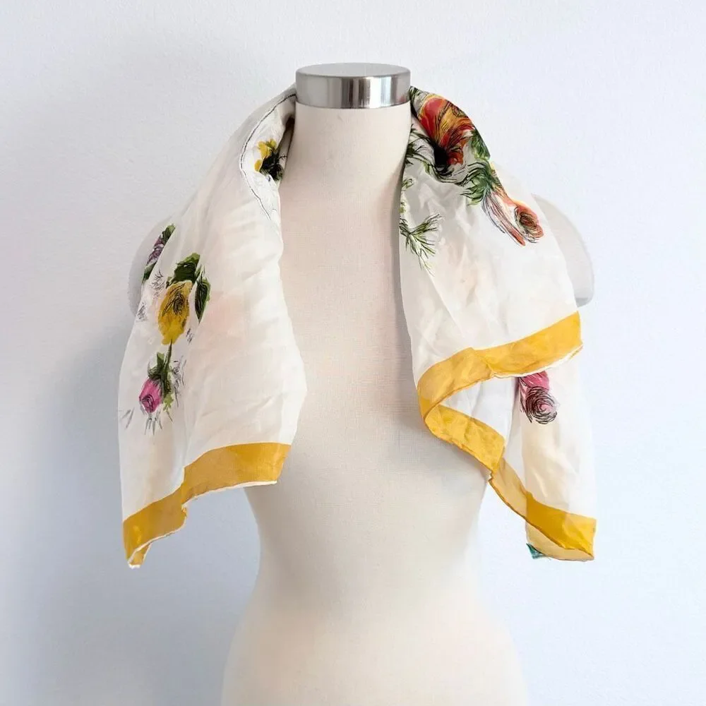 Printed Japan Yellow Silk Scarf Floral Rose Paint Art Yellow White Artist VTG